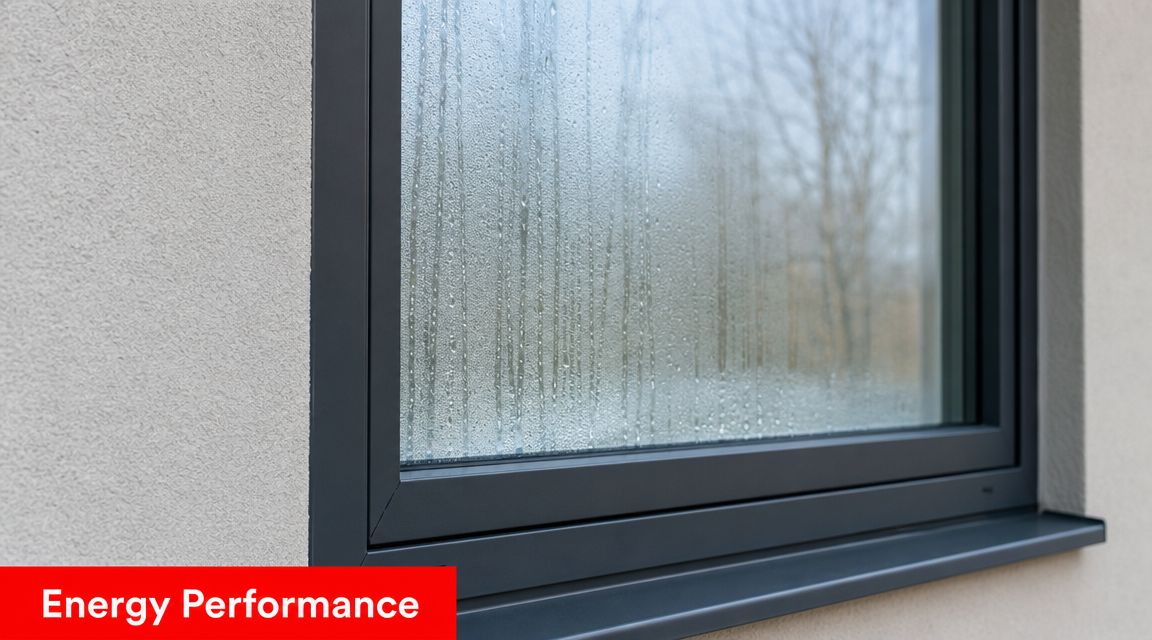 Insect Screens A close-up view of a dark aluminium window frame with visible condensation on the exterior glass pane.