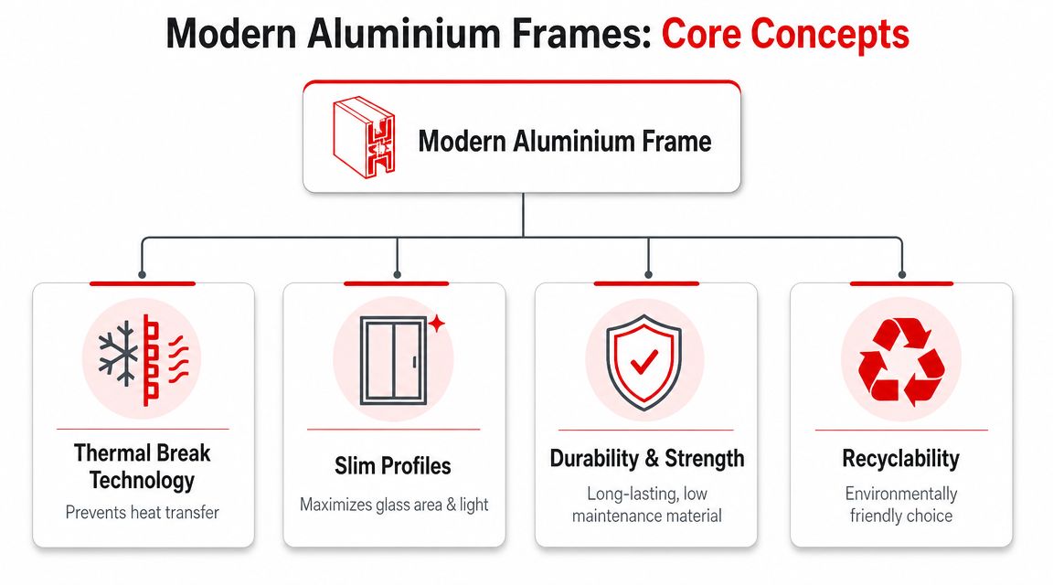 Insect Screens A diagram illustrating the core concepts of modern aluminium frames, including thermal breaks, slim profiles, durability, and recyclability.
