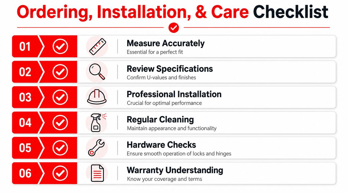 Insect Screens A six-step infographic checklist for ordering, installing, and maintaining high-quality aluminium window frames.