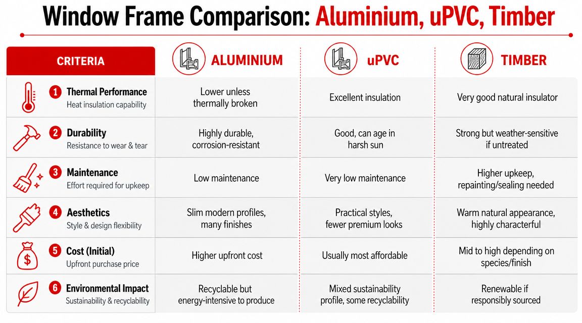 Insect Screens A comparison chart table detailing the pros and cons of aluminium, uPVC, and timber window frames.