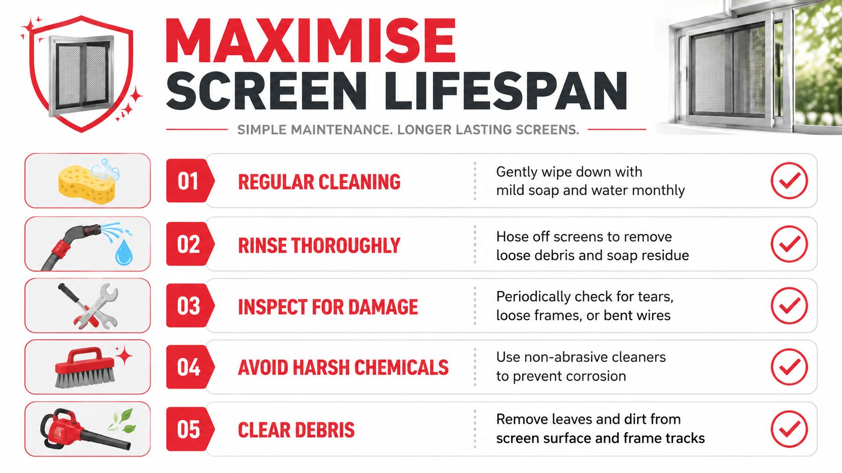 Insect Screens An instructional infographic titled Maximise Screen Lifespan with five tips for cleaning and maintaining window screens.