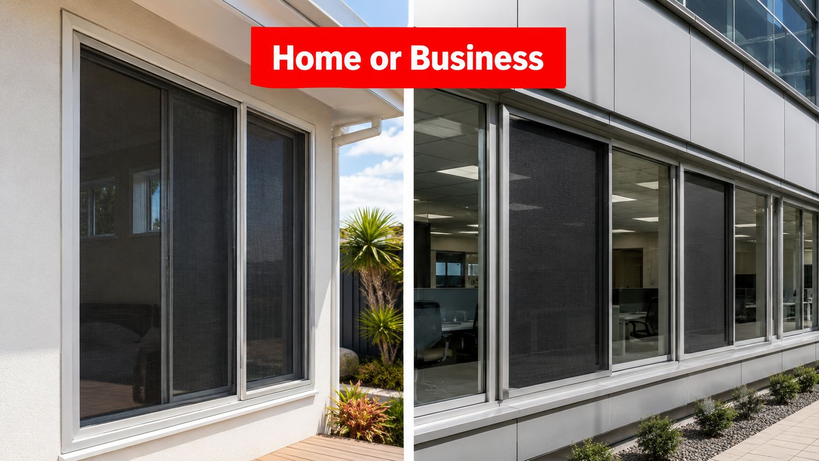 Insect Screens A split image showing durable aluminium window screen mesh installed on both residential and commercial building windows.