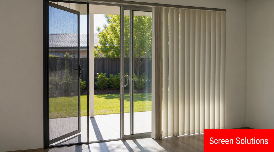 Insect Screens A view from inside a room looking out through a sliding glass door with blinds and a screen.