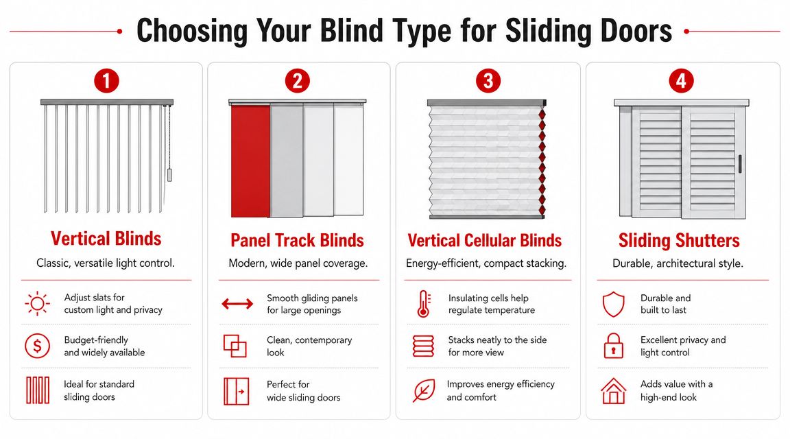 Insect Screens An infographic comparing four types of blinds for sliding doors, including vertical, panel track, cellular, and shutters.