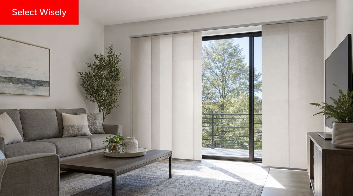 Insect Screens A modern living room with large sliding glass doors covered by sleek vertical panel blinds.