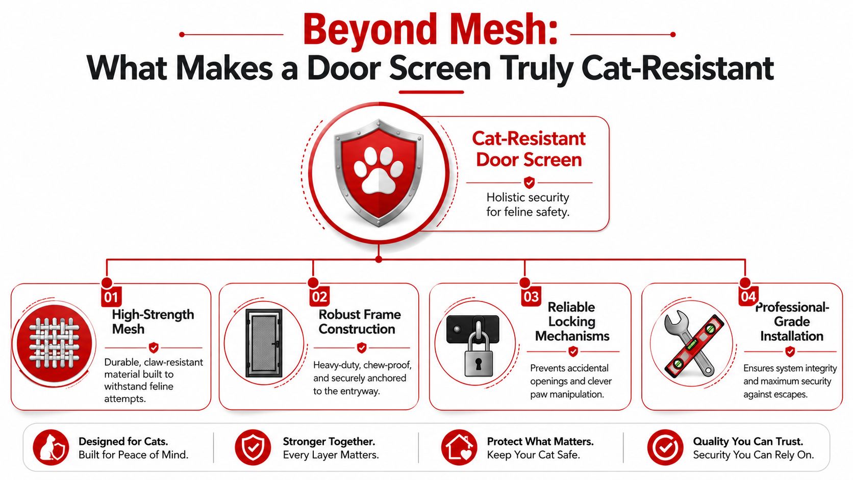 Insect Screens An infographic detailing the four essential components for creating a truly cat-resistant door screen for homes.