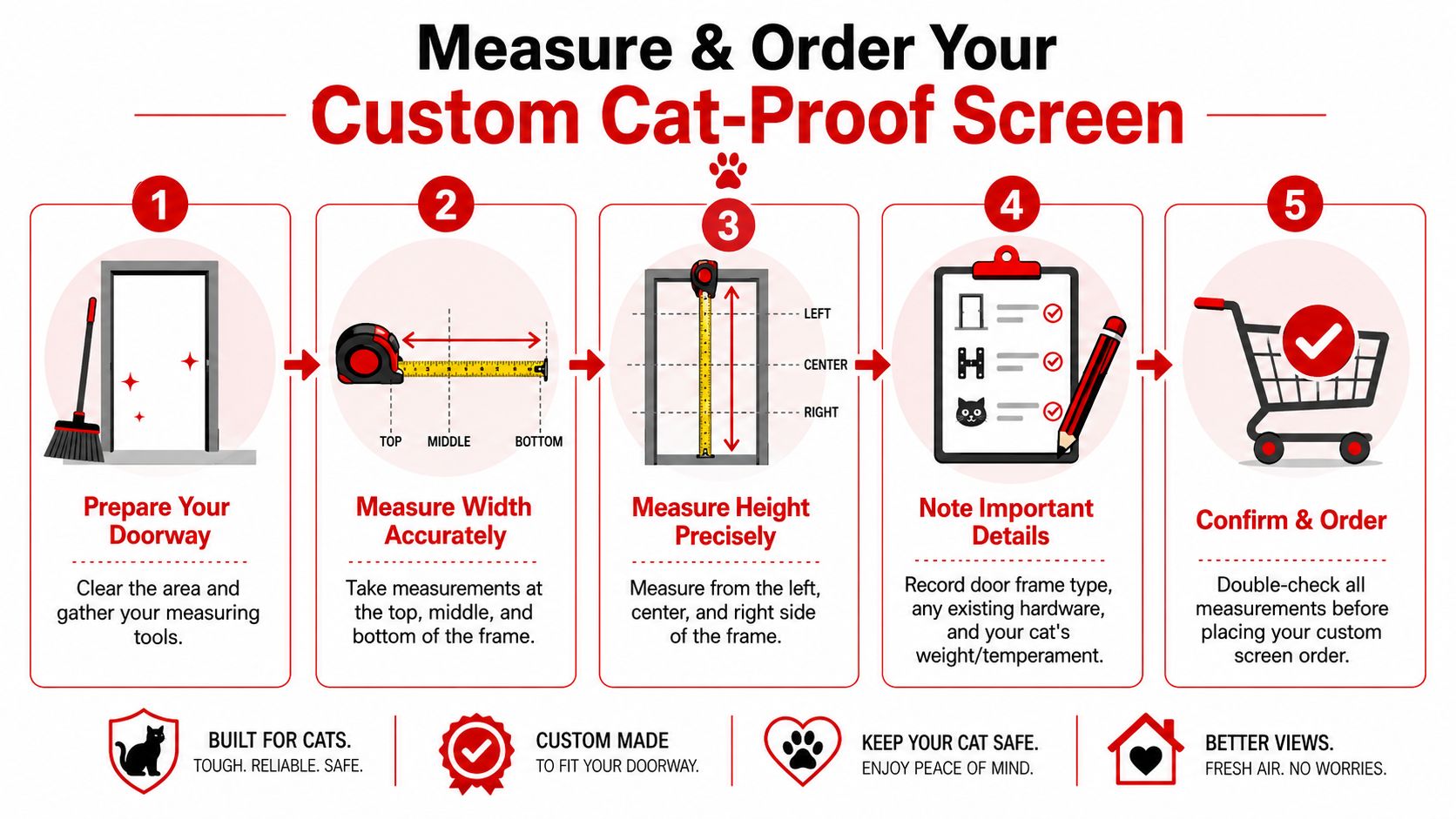 Insect Screens A five-step infographic showing how to measure and order a custom cat-proof door screen for home.