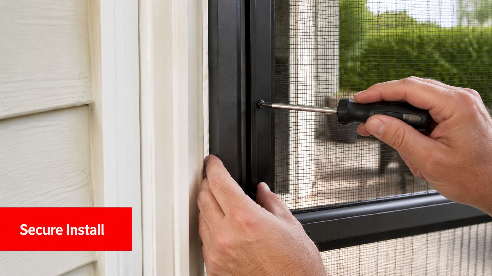 Insect Screens A pair of hands using a screwdriver to securely install a black metal screen door frame.