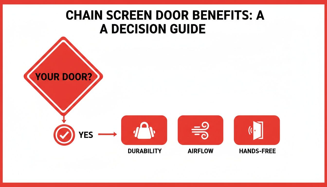 Flowchart illustrating chain screen door benefits: durability, airflow, and hands-free operation.
