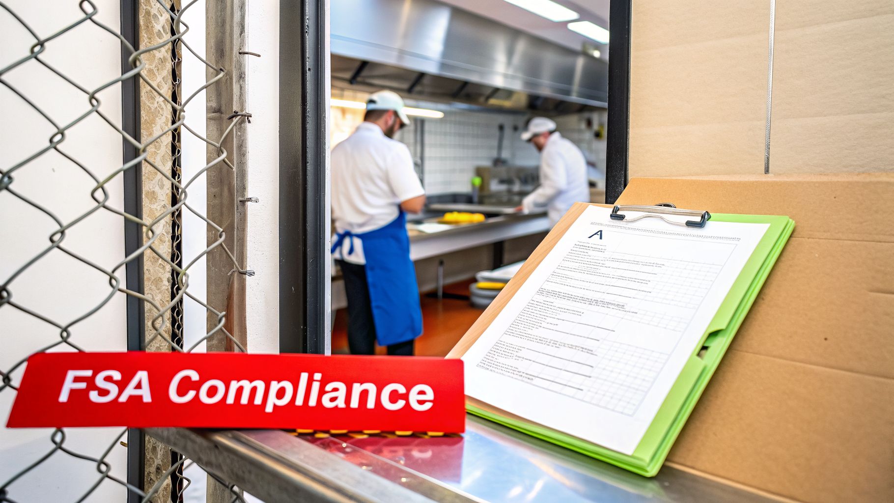 A red FSA Compliance sign and a checklist clipboard in front of a busy commercial kitchen.