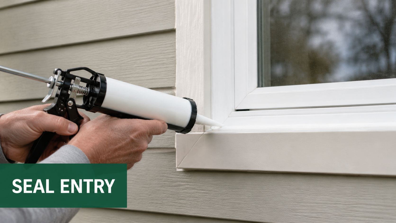 Insect Screens A person using a caulking gun to seal gaps around a window to prevent pests.