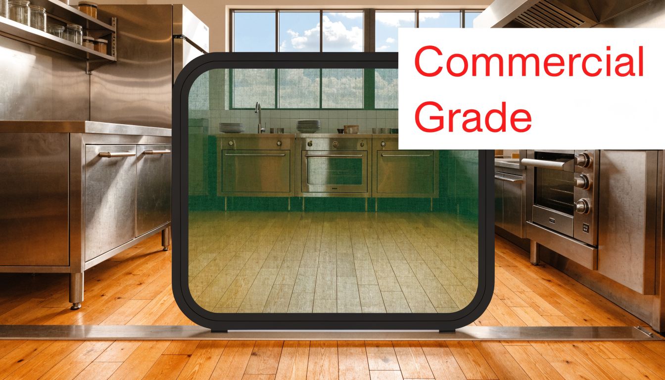 Insect Screens A modern commercial kitchen layout featuring stainless steel counters, appliances, and high-quality custom made screen panels.