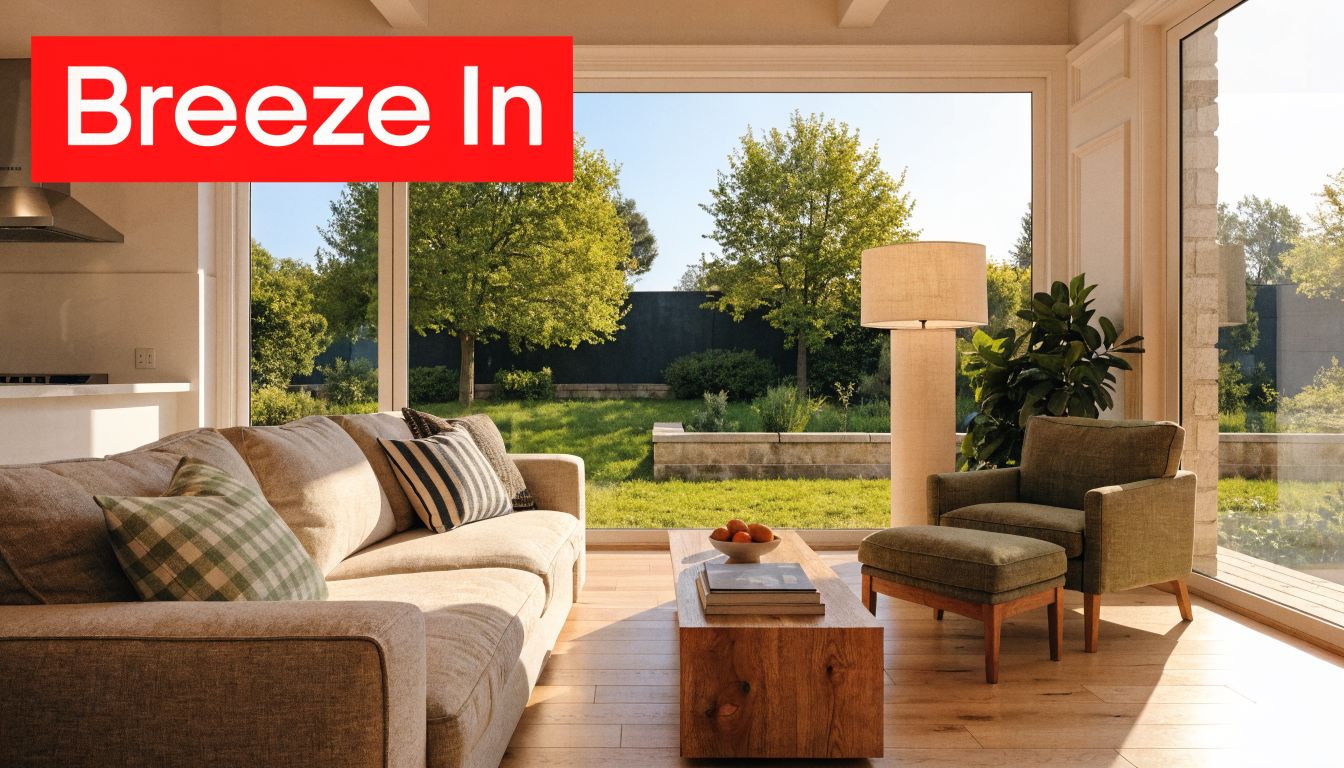 Insect Screens A modern, sunlit living room featuring a comfortable beige sofa, green armchair, and large windows with a garden view.