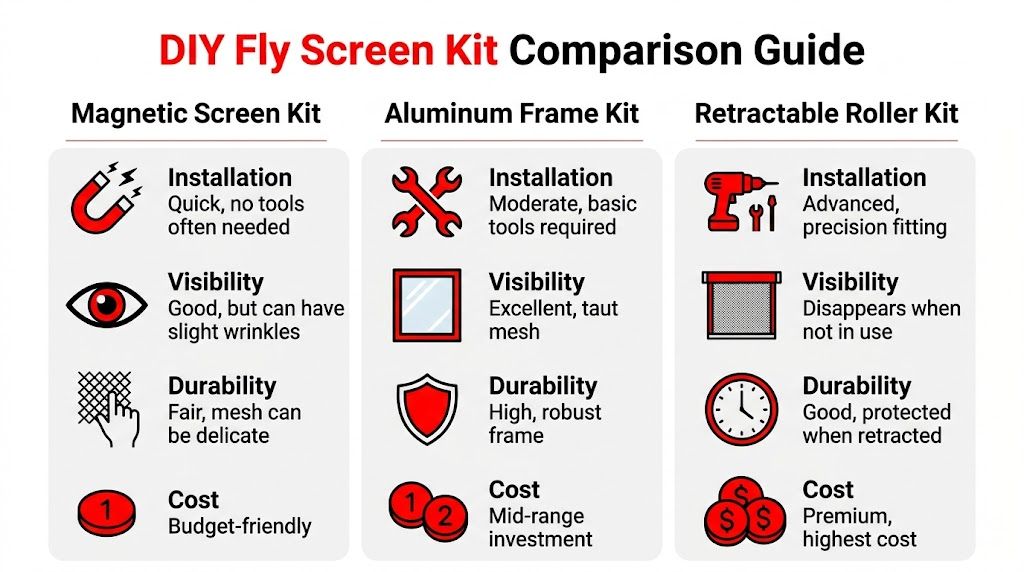 Insect Screens A comparison guide for DIY fly screen kits, featuring magnetic, aluminum frame, and retractable roller screen options.