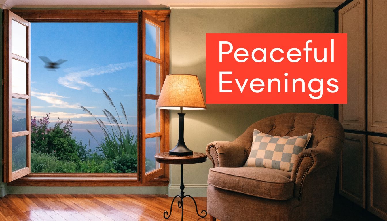 Insect Screens A cozy armchair next to a window overlooking a peaceful landscape with a lamp in the room.