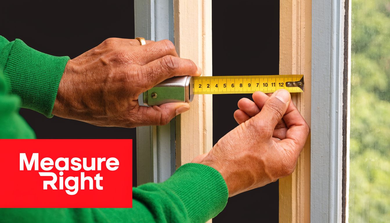 Insect Screens A person using a yellow tape measure to gauge the width of a wooden window frame.