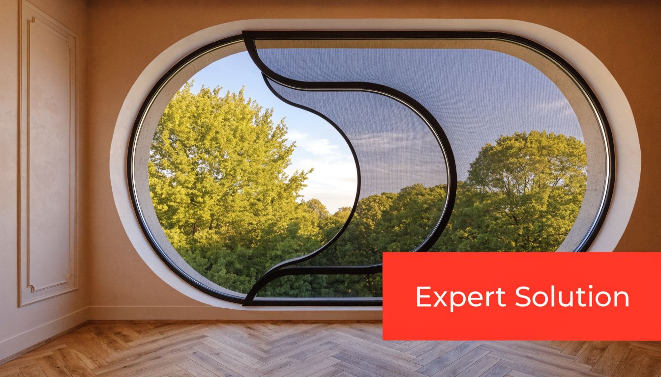Insect Screens A modern curved window with custom shaped fly screen installed, overlooking a green forest landscape.