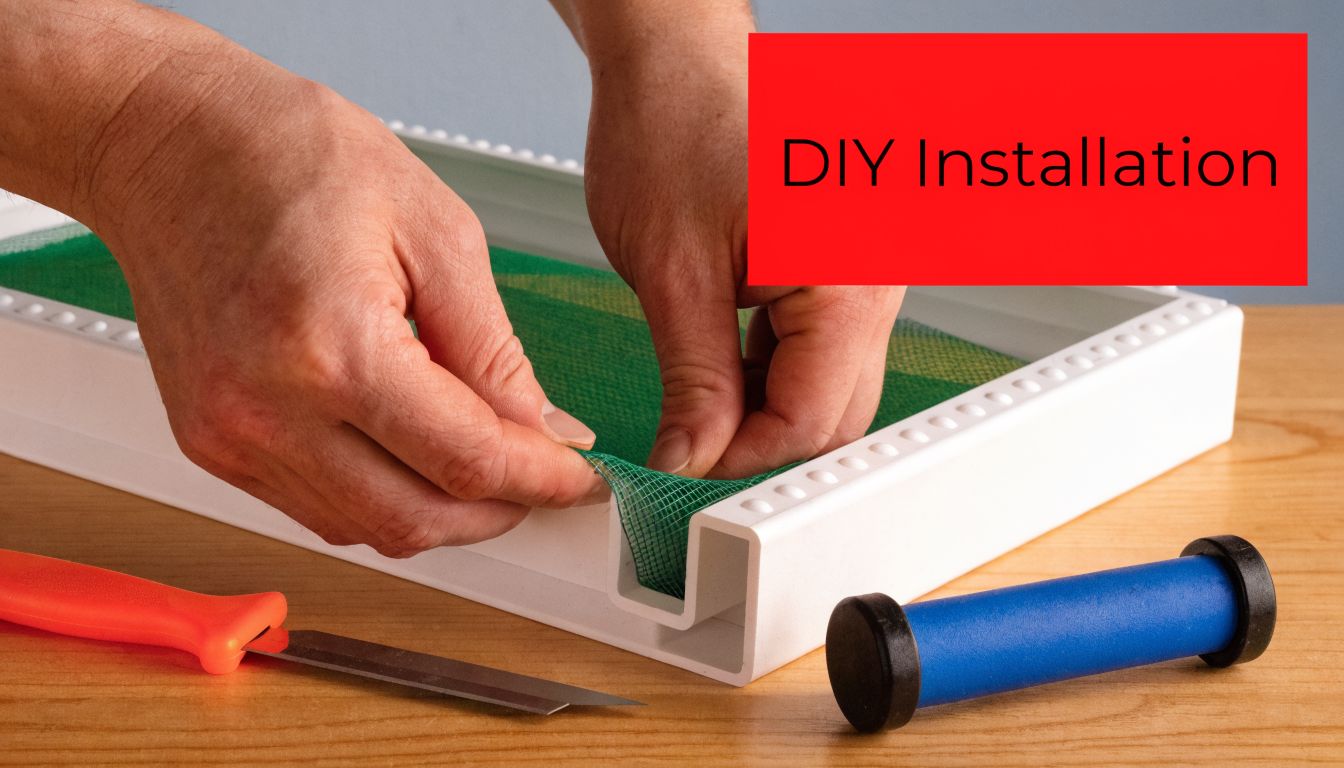 Insect Screens A person installing a green mesh screen into a white frame using a utility knife and roller.