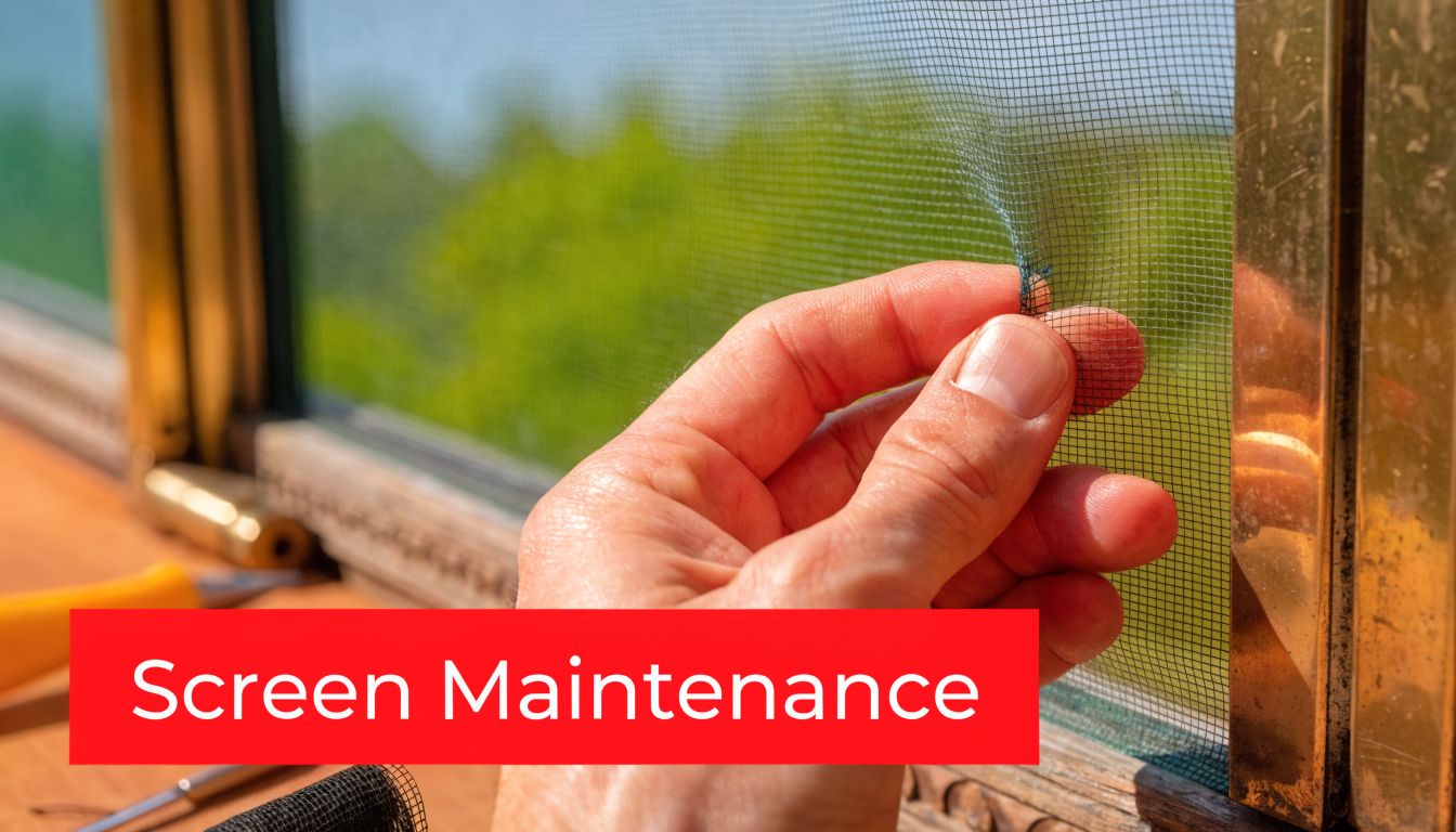 Insect Screens A close-up view of a hand repairing a window fly screen mesh for home improvement purposes.