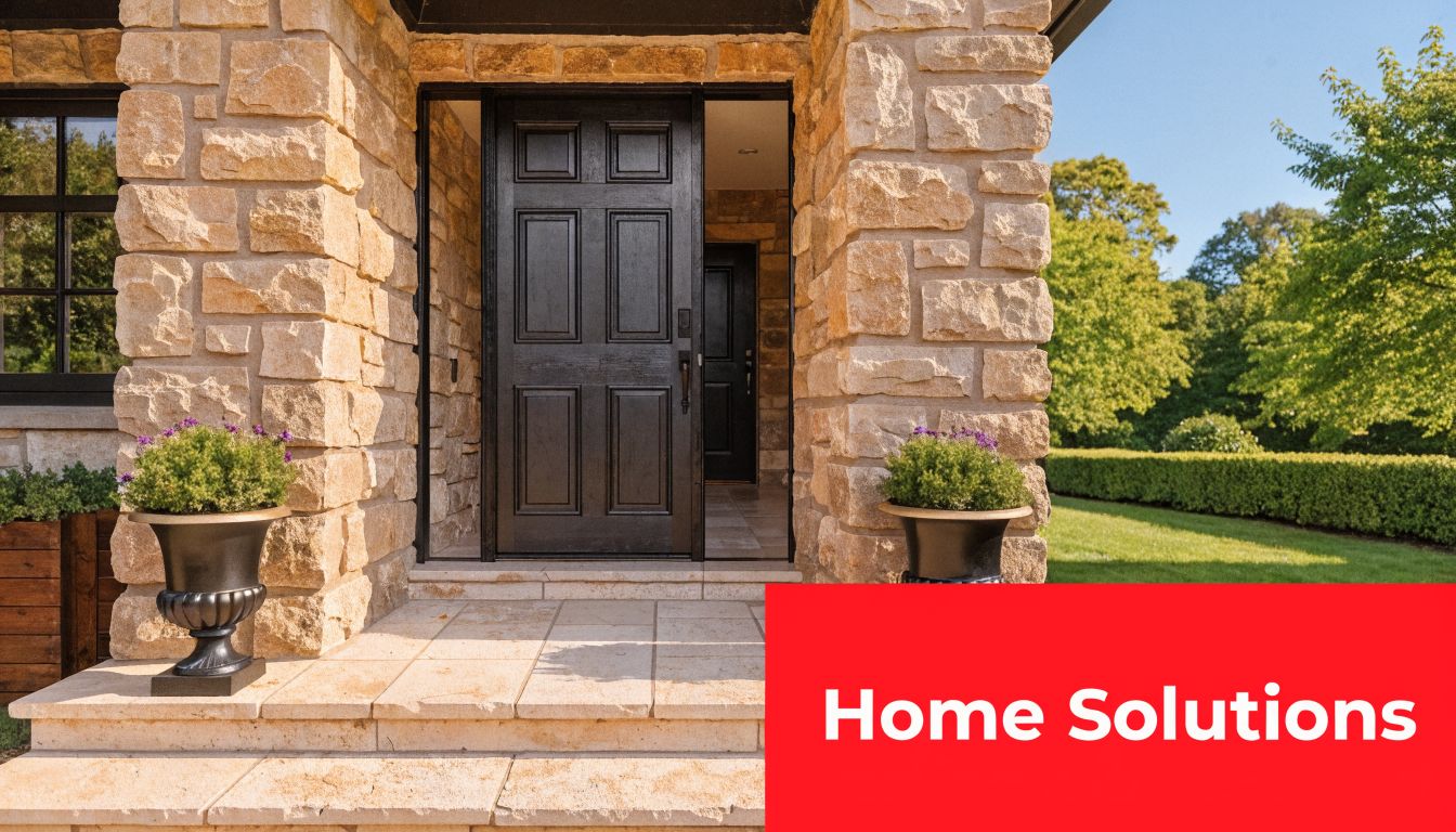 Insect Screens A grand dark wooden front door set in a textured stone entryway with outdoor potted plants.