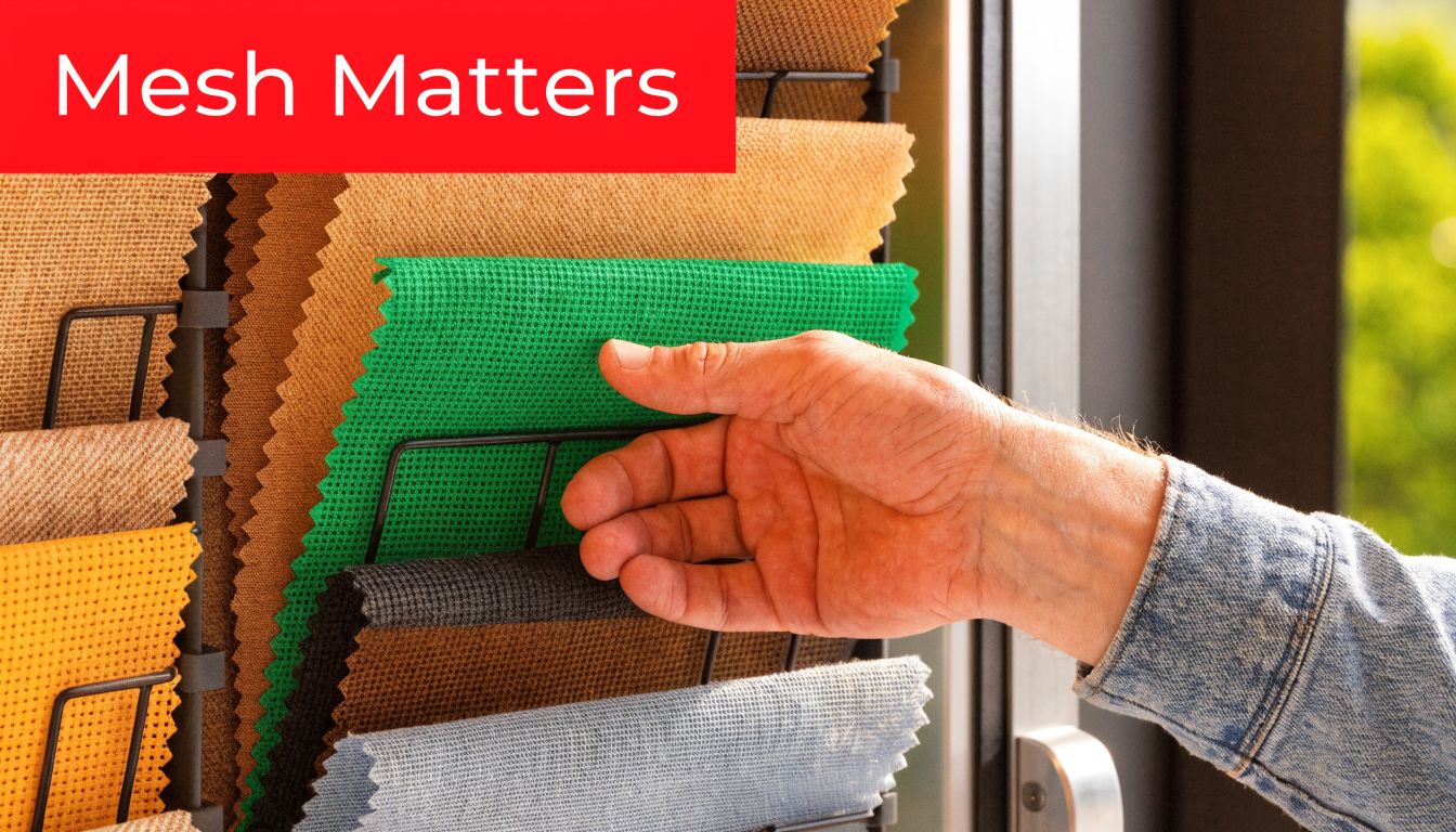 Insect Screens A hand selecting colorful mesh fabric samples from a display rack, with a text overlay saying Mesh Matters.