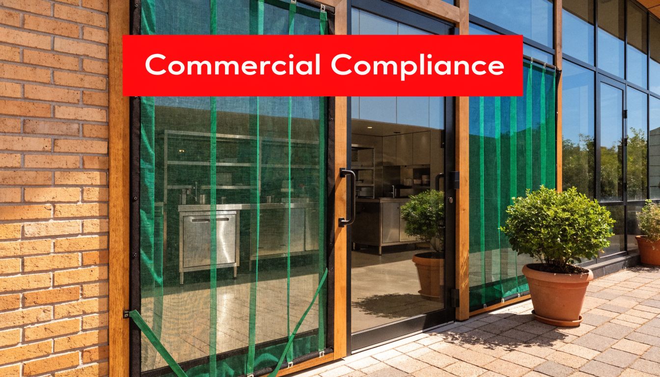 Insect Screens A commercial kitchen entrance featuring green mesh door screen curtains on a glass building exterior.