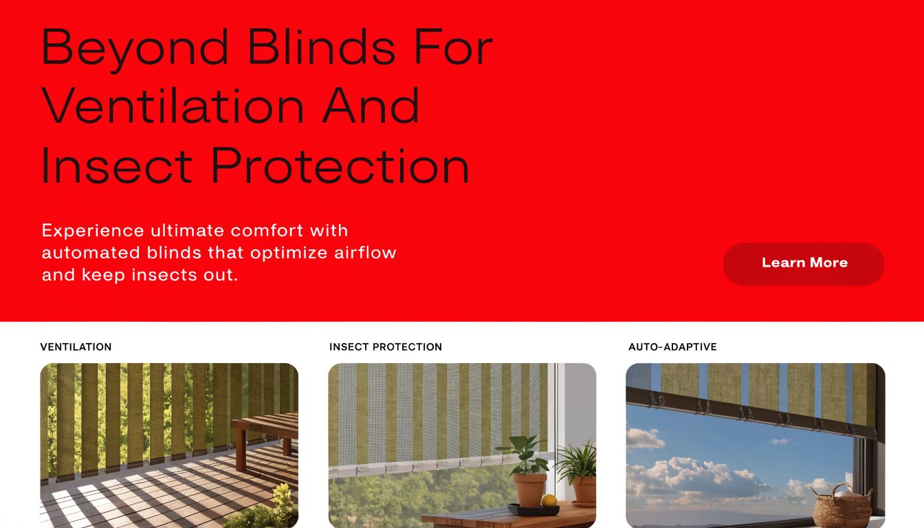 Insect Screens Automated window blinds providing ventilation and insect protection, showcased as an advanced home solution for comfort.