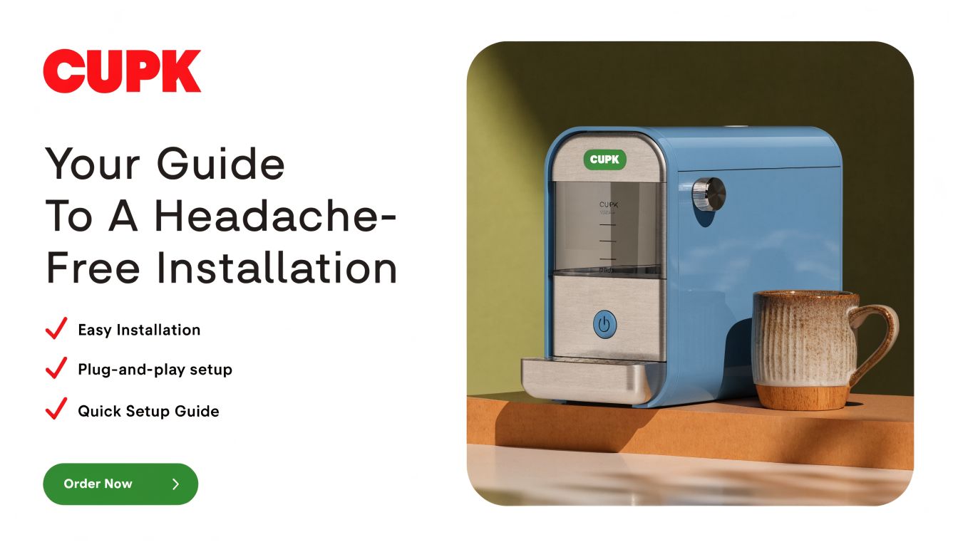 Insect Screens A sleek blue coffee machine sitting on an orange platform next to a ceramic mug for home use.