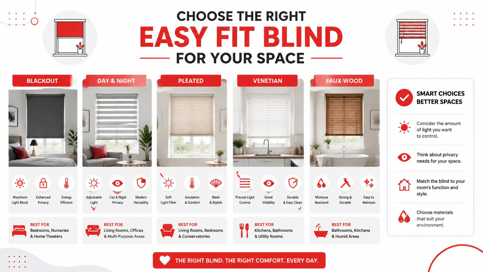 Insect Screens A comparison guide for easy fit window blinds including blackout, day and night, pleated, venetian, and faux wood options.
