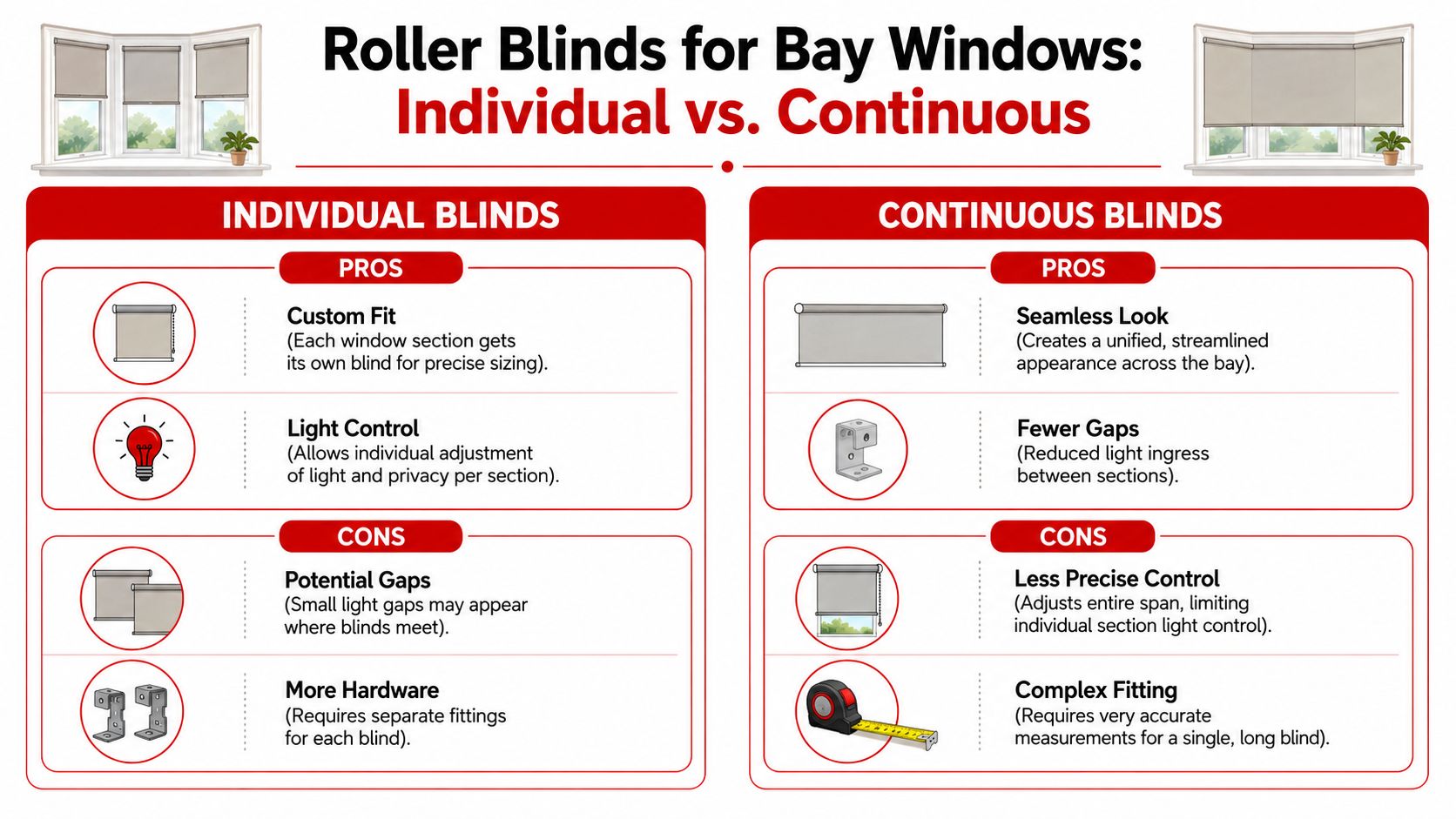 Insect Screens A comparison chart showing the pros and cons of individual versus continuous roller blinds for bay windows.