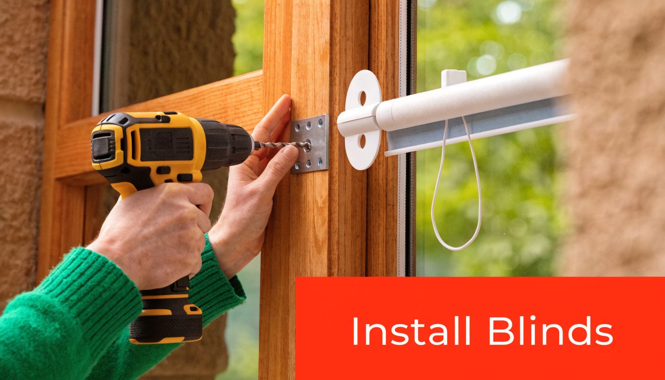 Insect Screens A person using a power drill to install a blind bracket onto a wooden window frame.