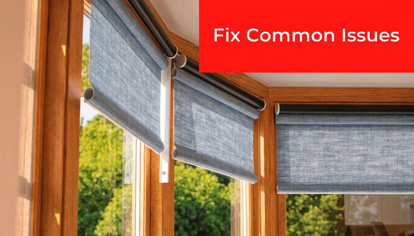 Insect Screens A set of blue fabric roller blinds installed inside a wooden framed bay window.