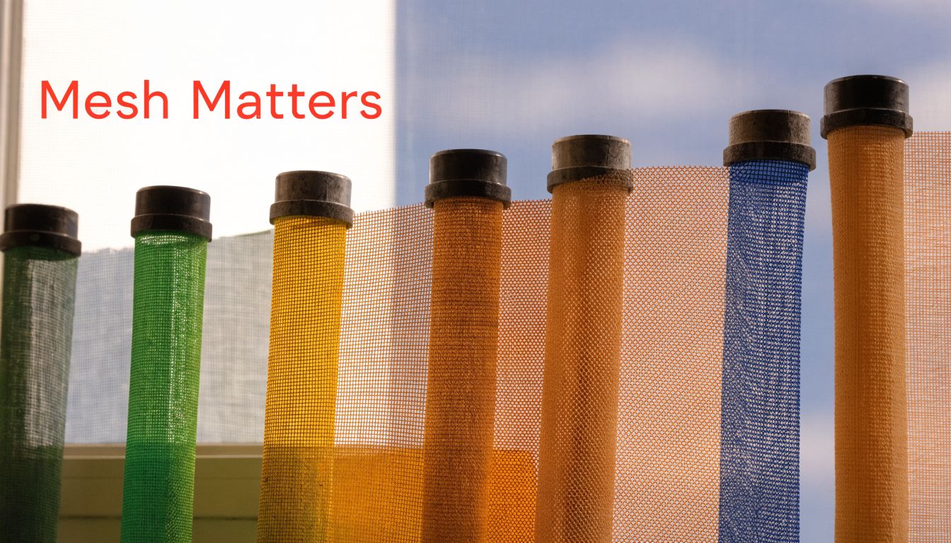 Insect Screens Multiple colorful mesh fabric samples hanging in a row in front of a bright window.