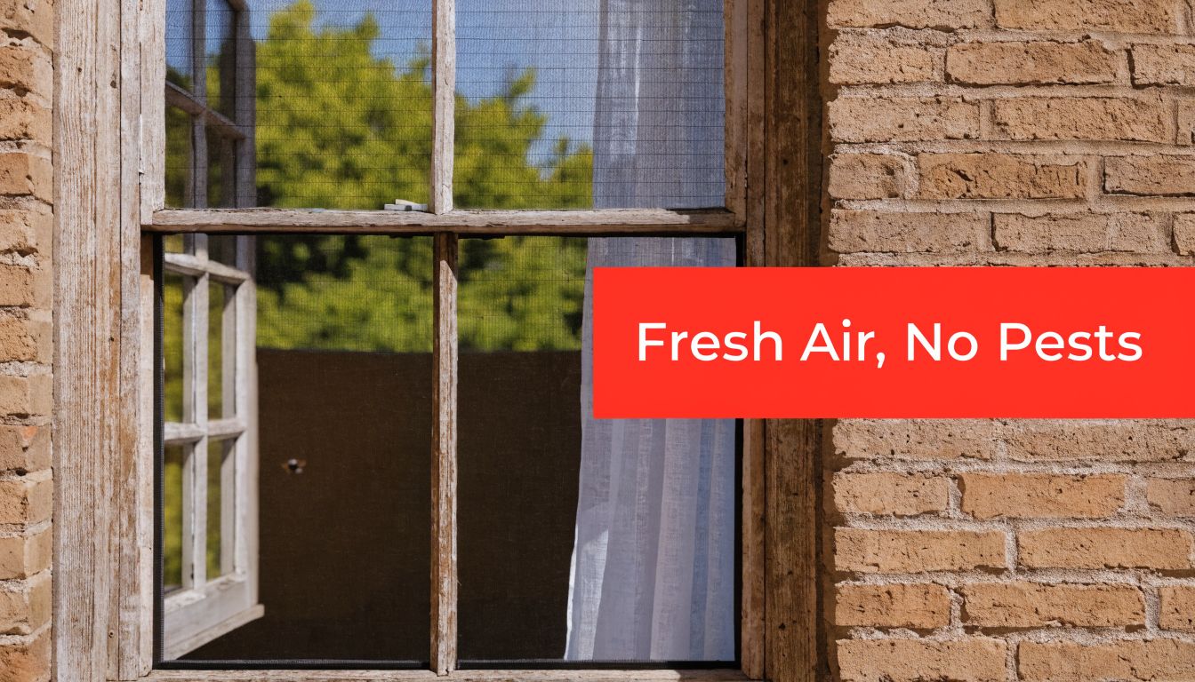 Insect Screens A wooden framed window with a fly screen, showing bright sunlight and trees outside on a brick wall.