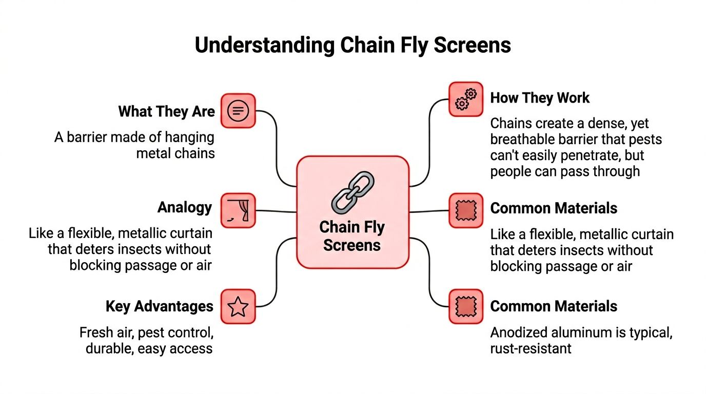 Insect Screens A diagram illustrating the purpose, function, and materials of chain fly screens for pest control and ventilation.