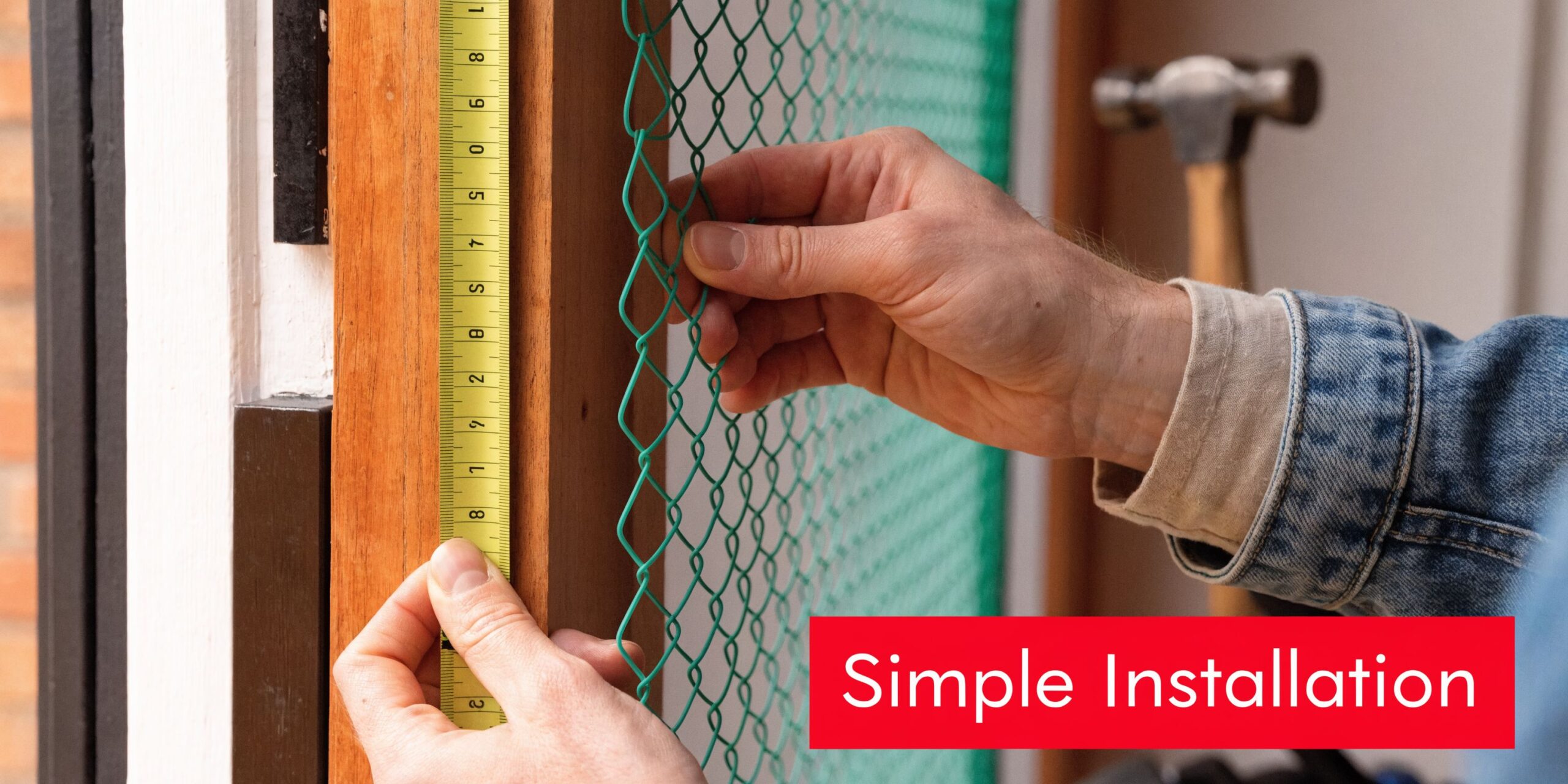 Insect Screens A person using a ruler to measure a wooden door frame before installing green chain link mesh.