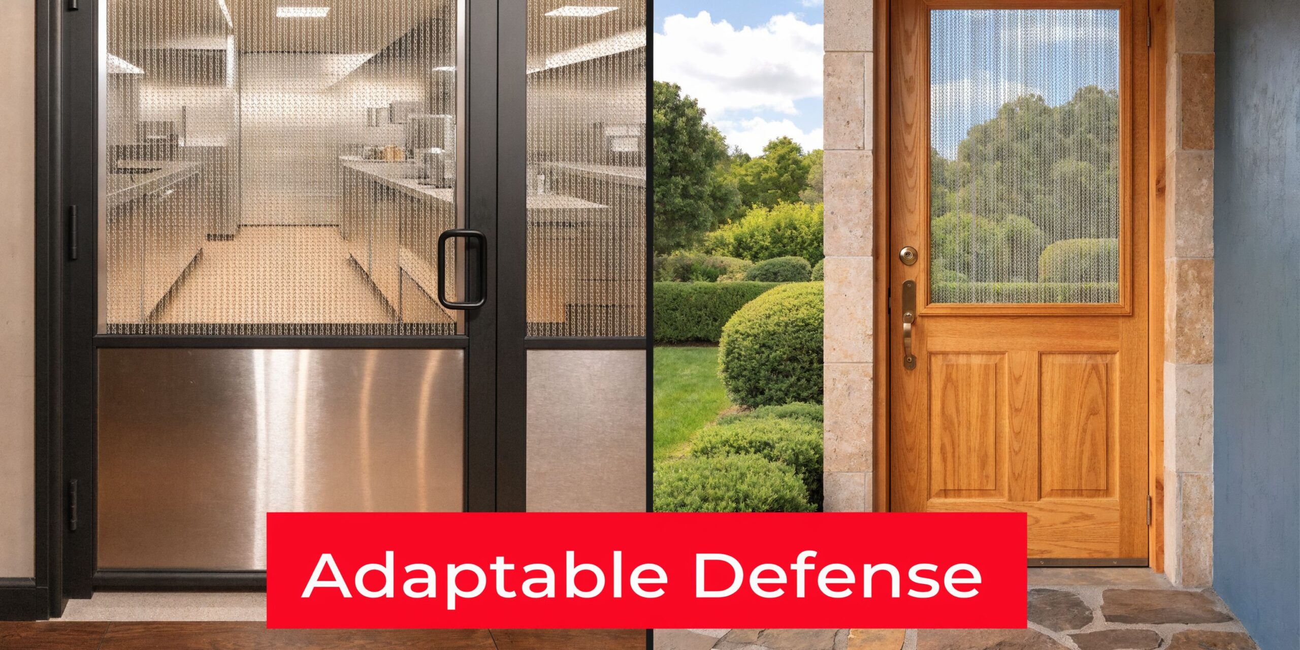 Insect Screens A split image showing a metal chain fly screen on a kitchen door and a wooden door.