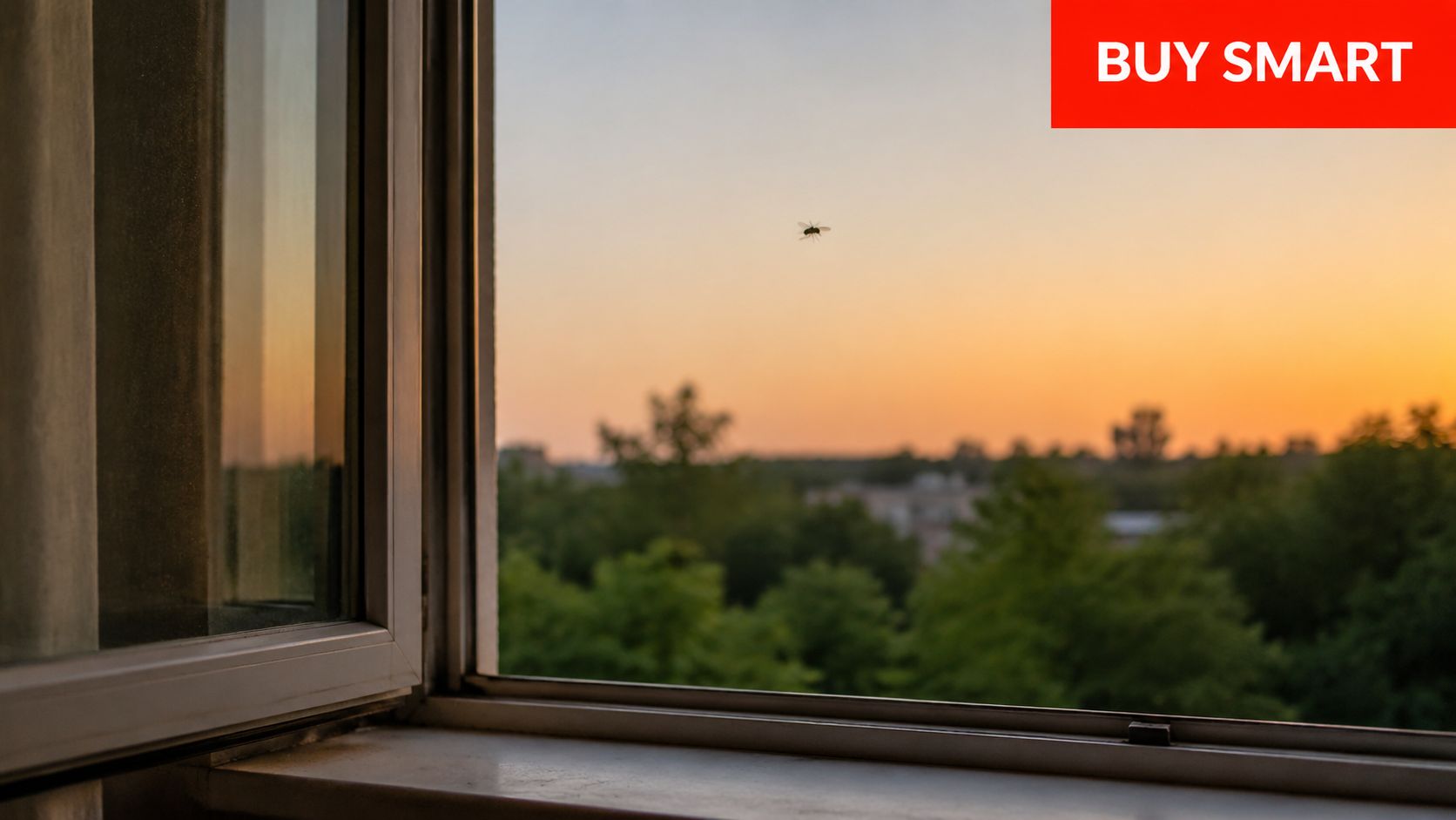 Insect Screens A house fly flying near an open window overlooking a scenic sunset over green trees.