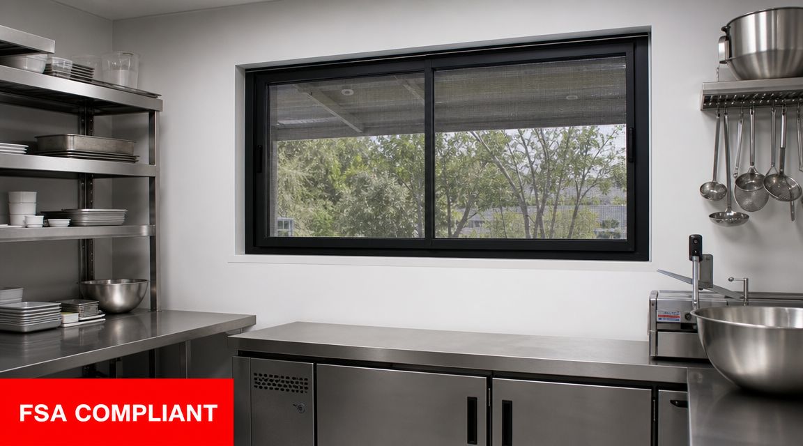 A professional stainless steel commercial kitchen featuring a black sliding window with a fine mesh fly screen.