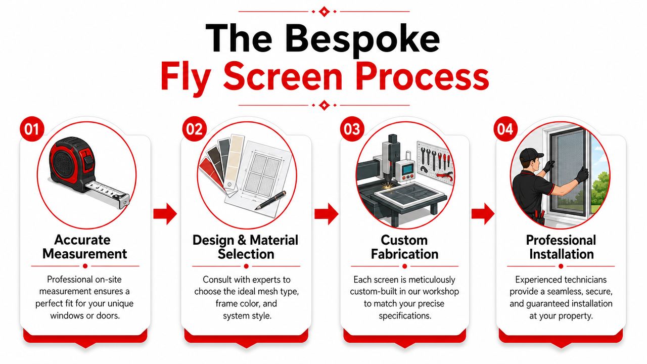 A four-step infographic illustrating the bespoke fly screen process from measurement to professional installation in London.