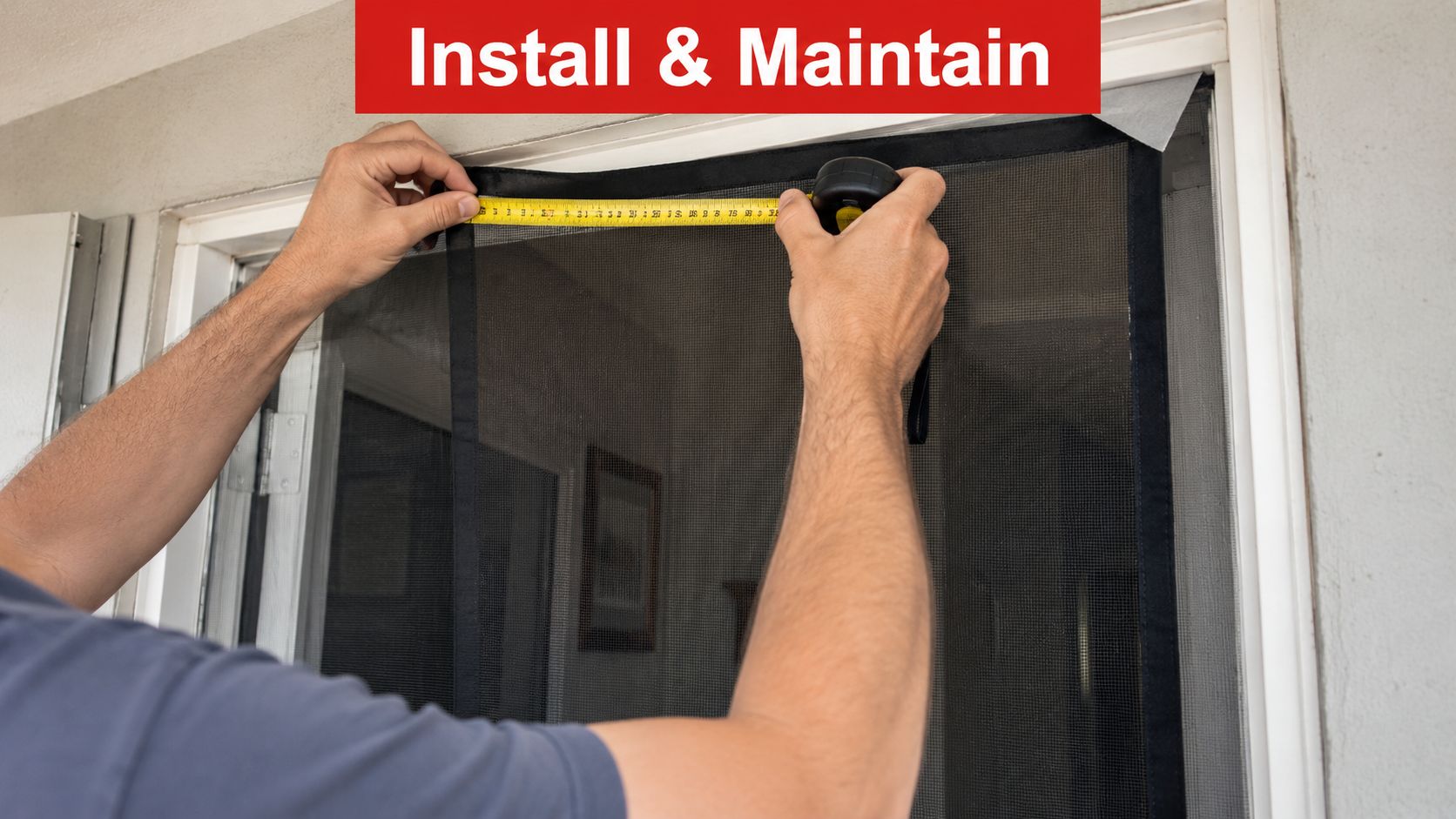 Insect Screens A person using a yellow tape measure to measure the width of a black magnetic fly screen.
