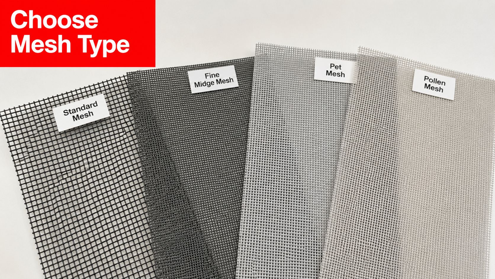 Insect Screens A display of four different mesh types for window screens, labeled Standard, Fine Midge, Pet, and Pollen.