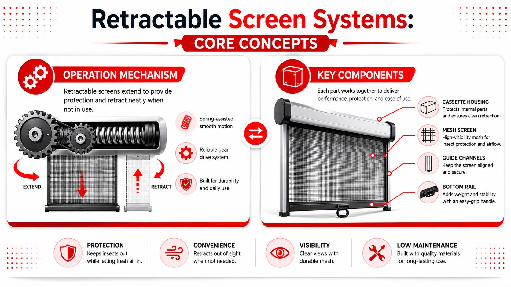 An infographic showing the operation mechanism and key components of a retractable screen system for home ventilation.
