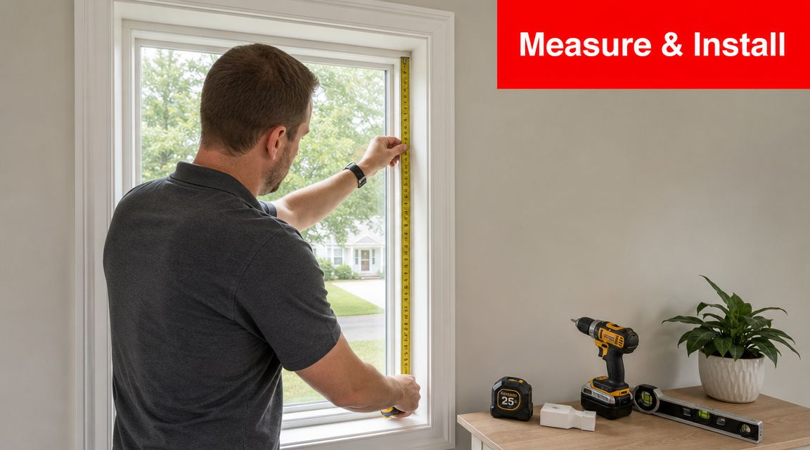 A professional installer measuring a window frame for a new retractable fly screen installation project.