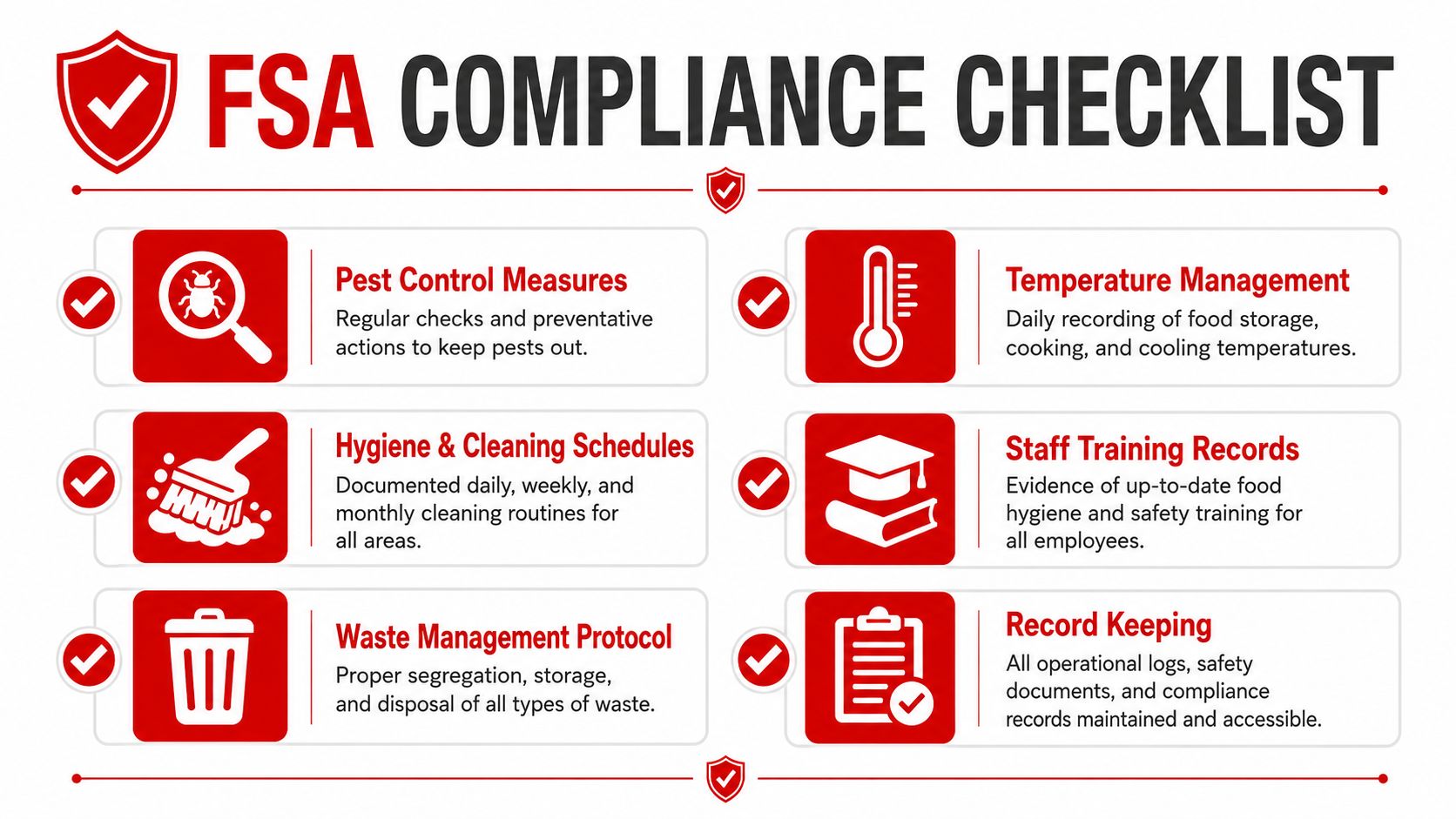 Insect Screens A visual FSA compliance checklist infographic outlining six essential requirements for food safety and operational standards.