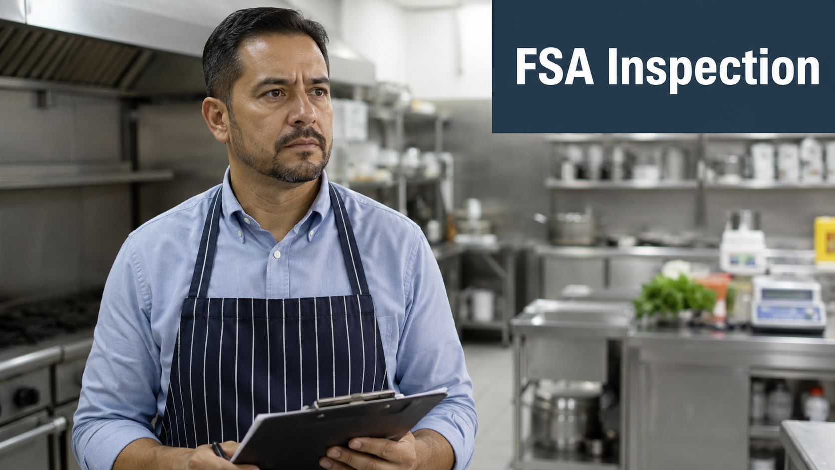 Insect Screens A focused man in a kitchen apron holding a clipboard during a professional food standards agency inspection.