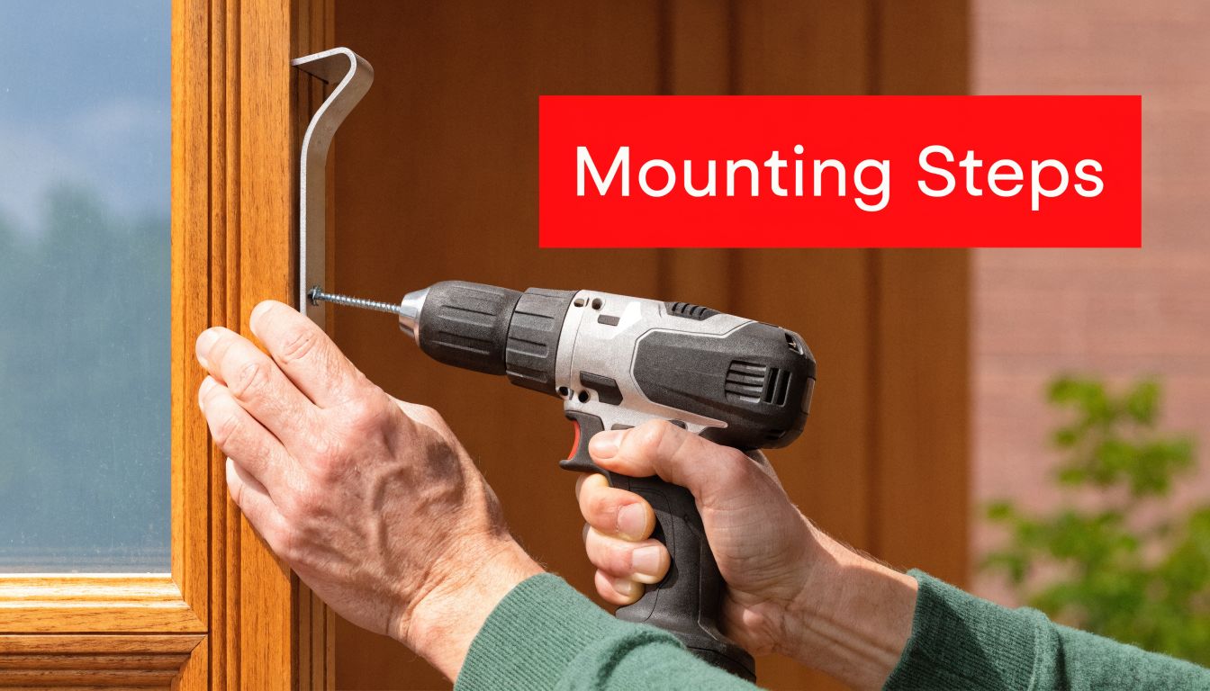 A person uses a power drill to mount a metal bracket onto a wooden window frame.