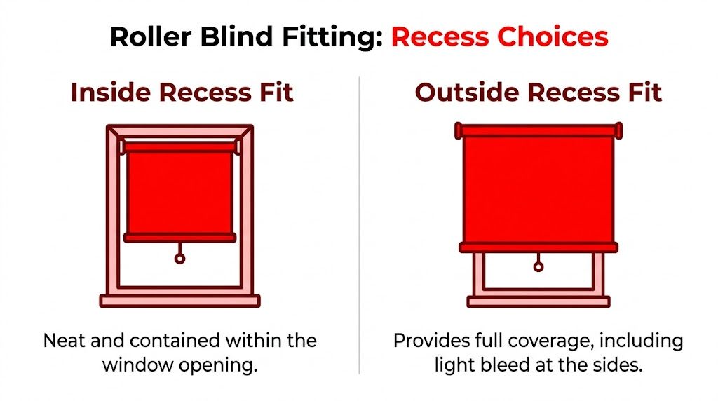 A diagram comparing inside recess fit and outside recess fit for roller blinds on windows.