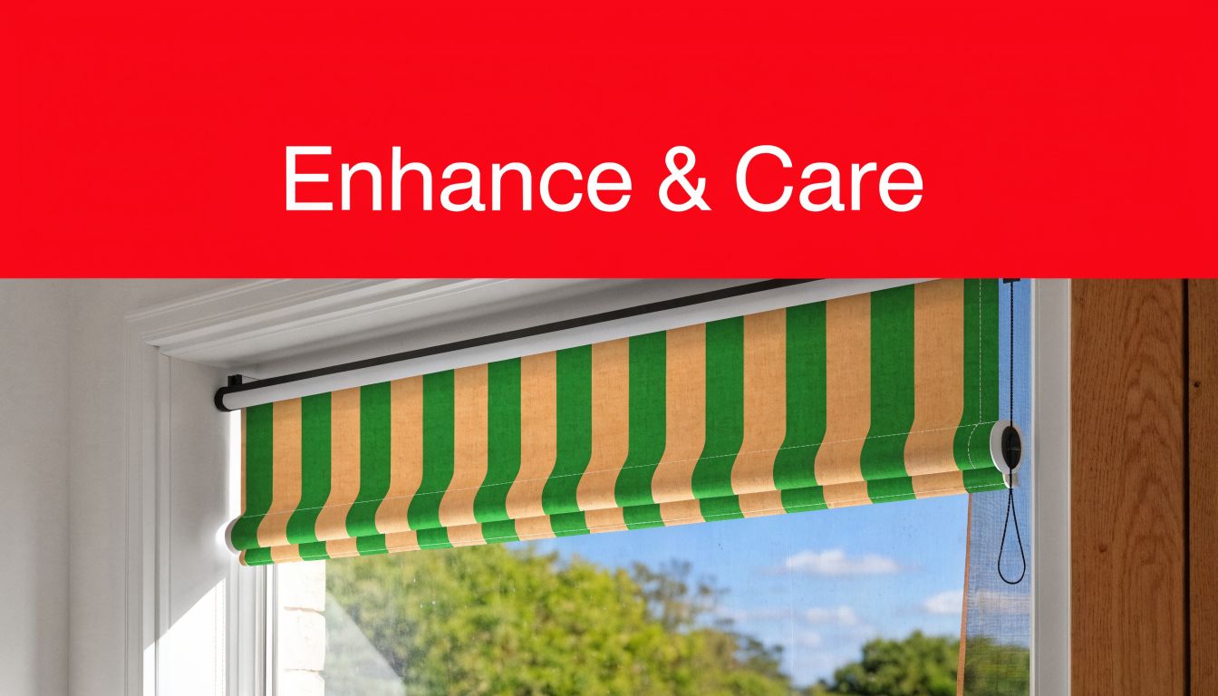 A green and tan striped roller blind mounted inside a window frame against a blue sky background.