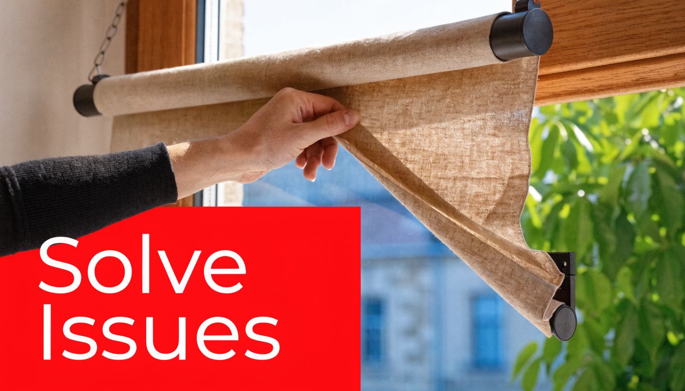 A close-up view of a hand adjusting a beige roller blind on a wooden window frame.
